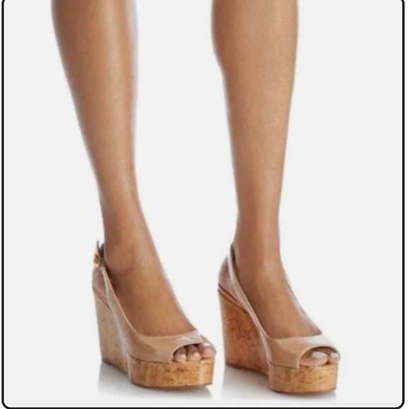 Stuart Weitzman Riveria Tan Patent Leather Peep Toe Wedge - Picture 12 of 12